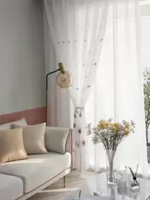 1 pieza Cortina transparente con bolsillo para varilla, bordada y de moda