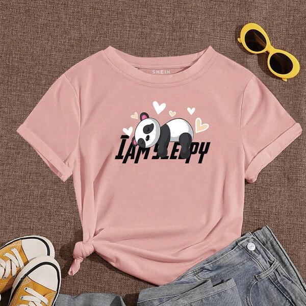 

Cartoon And Slogan Graphic Tee, Dusty pink