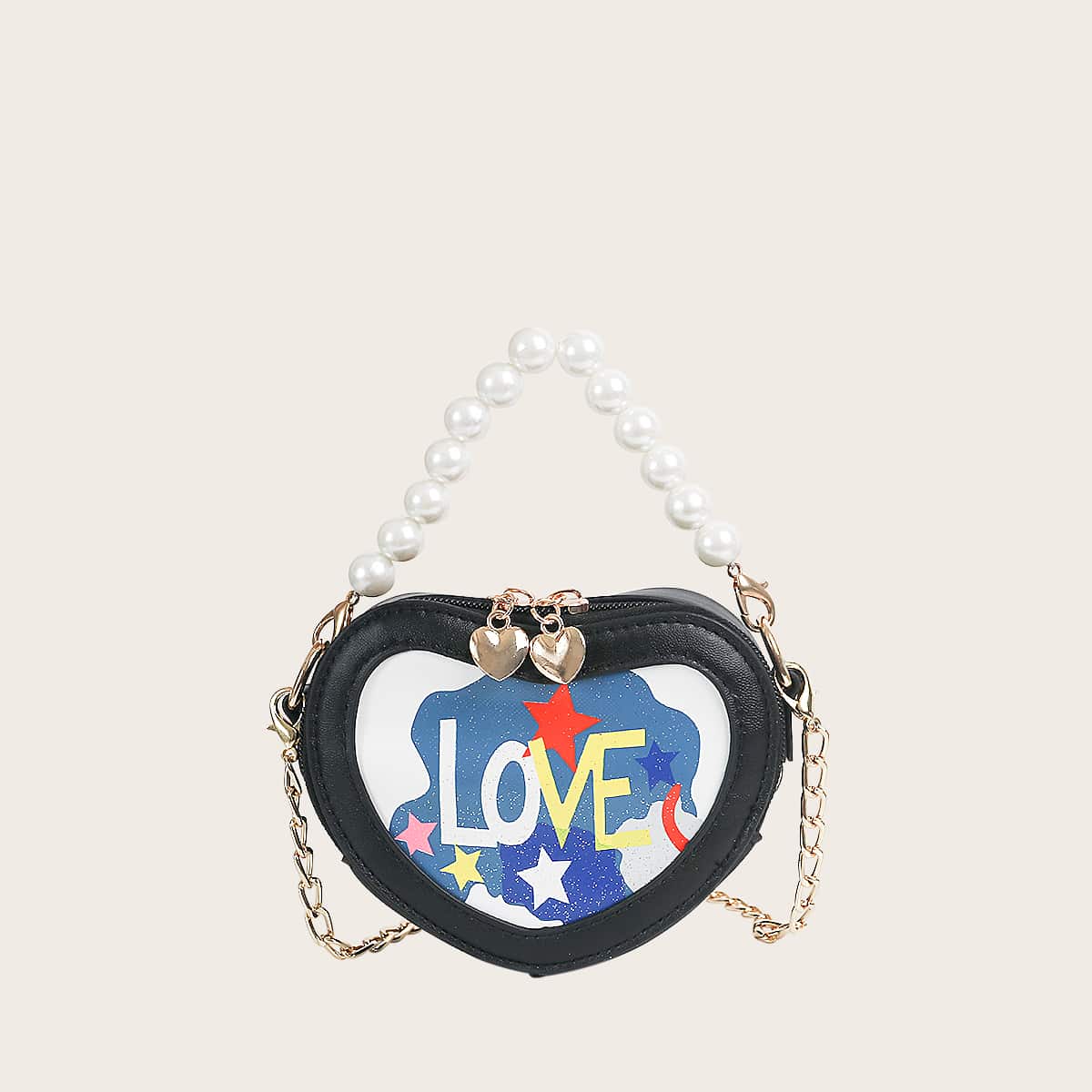 

Girls Letter Graphic Heart Shaped Satchel Bag, Black