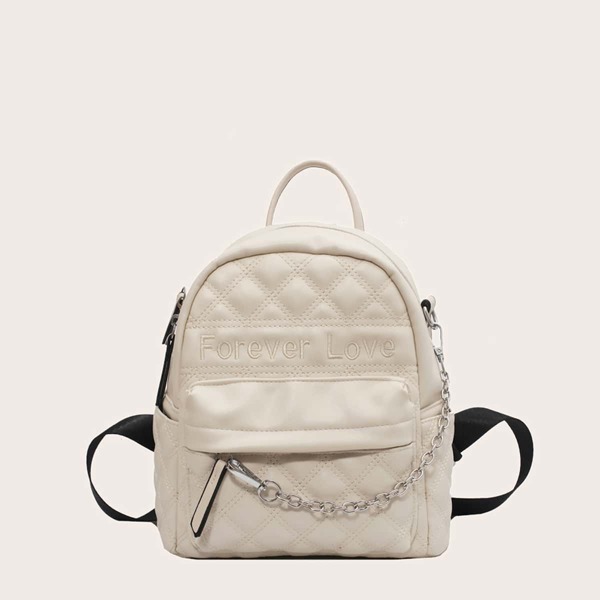 

Quilted Chain Decor Backpack, Beige