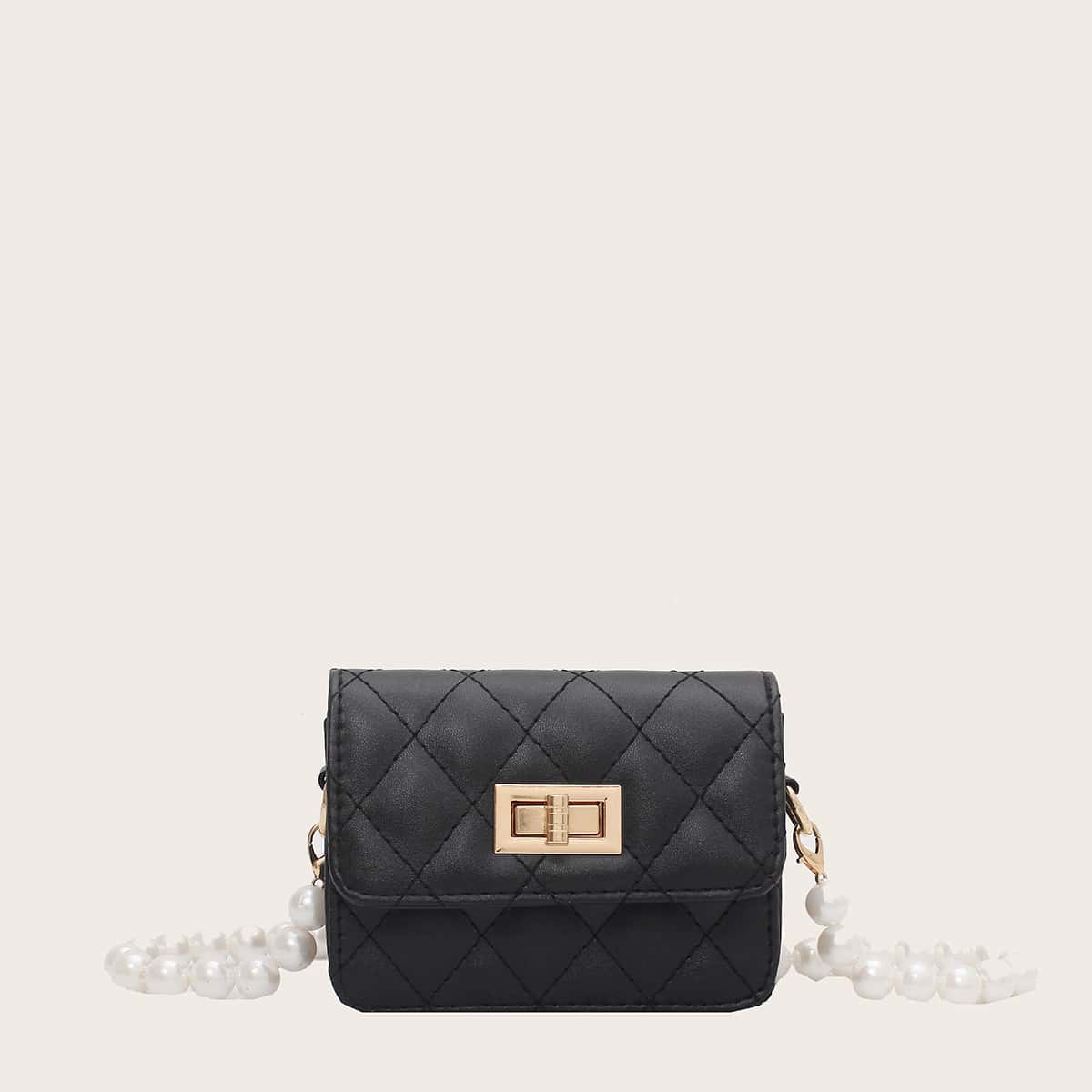 

Faux Pearl Handle Quilted Mini Crossbody Bag, Black