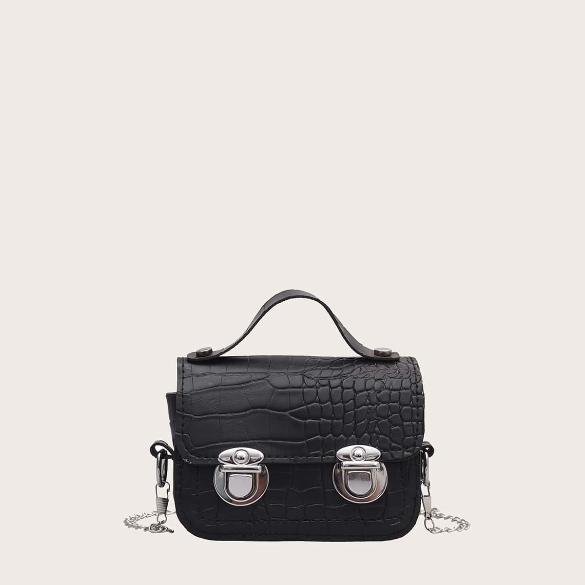 

Croc Embossed Mini Satchel Bag, Black