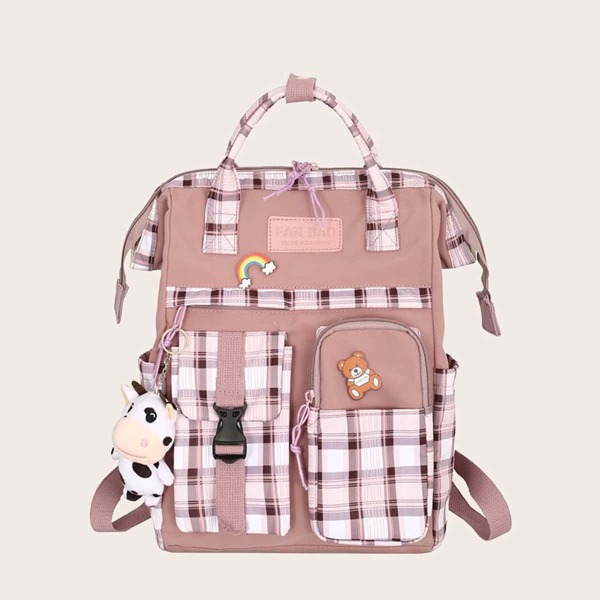 

Cartoon Charm Plaid Pattern Backpack, Pink