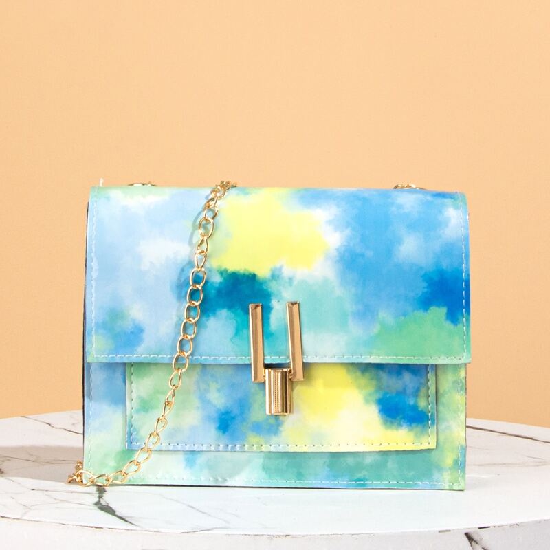 

Tie Dye Metal Lock Chain Crossbody Bag, Blue