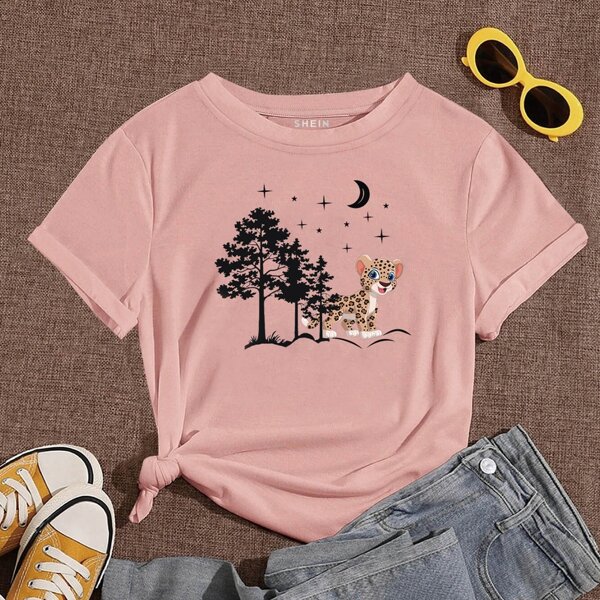 

Cartoon Graphic Crew Neck Tee, Dusty pink