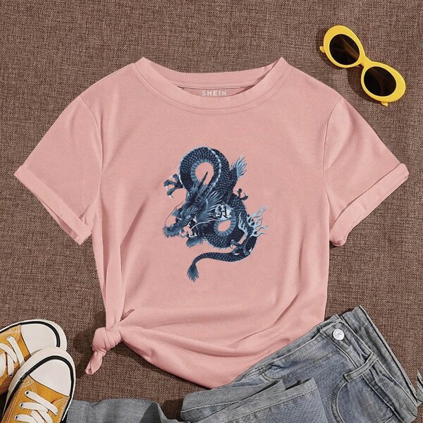 

Chinese Dragon Round Neck Tee, Dusty pink