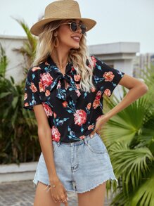 SHEIN VCAY 印花繫帶領襯衫 - 黑色 - 查看 3