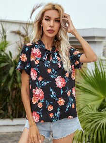 SHEIN VCAY 印花繫帶領襯衫 - 黑色 - 查看 5