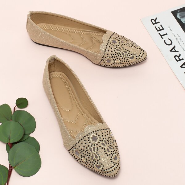 

Hollow Out Rhinestone Decor Flats, Apricot