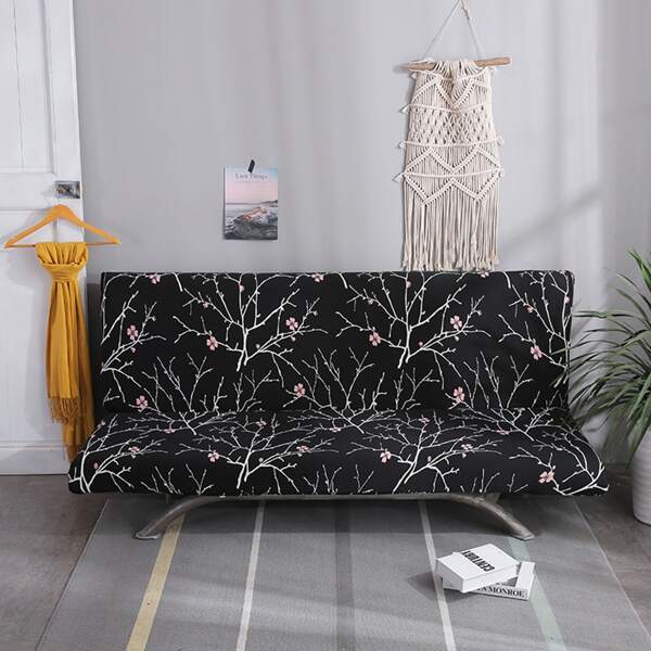 

Plant Print Embroidery Futon Slipcover, Black