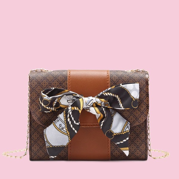 

Twilly Scarf Decor Flap Chain Bag, Brown