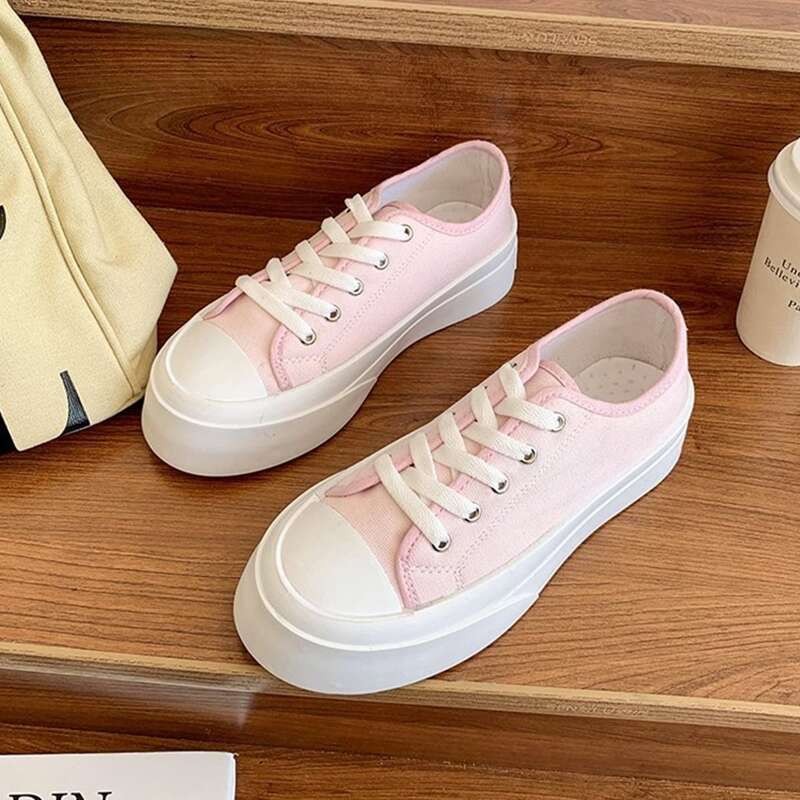 

Solid Lace-up Front Canvas Sneakers, Baby pink