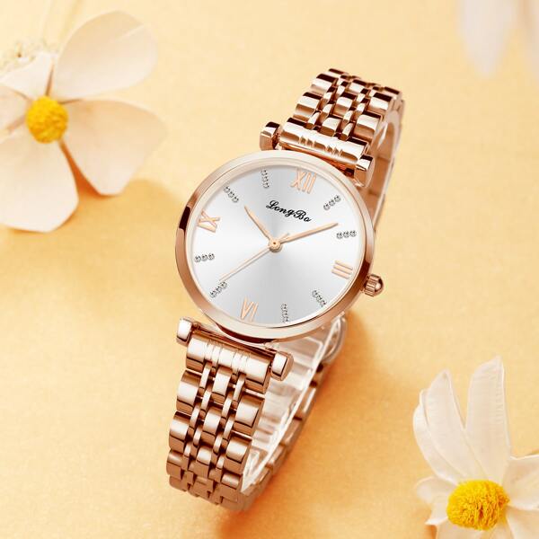 

Rhinestone Decor Round Pointer Quartz Watch