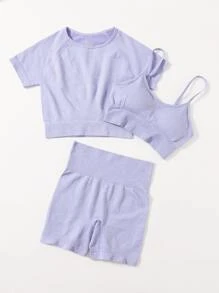 Yoga Basic 3入組無縫高彈力健身瑜伽套裝鍛煉套裝插肩袖上衣寬腰帶短褲 - 紫丁香色 - 查看 5