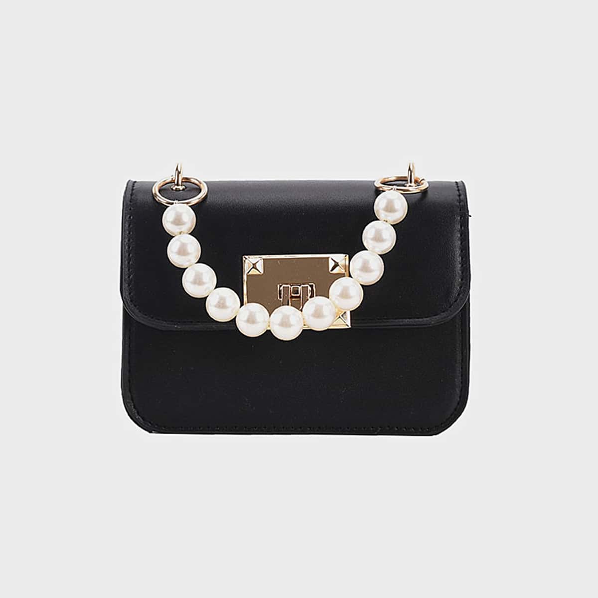 

Faux Pearl Handle Chain Satchel Bag, Black