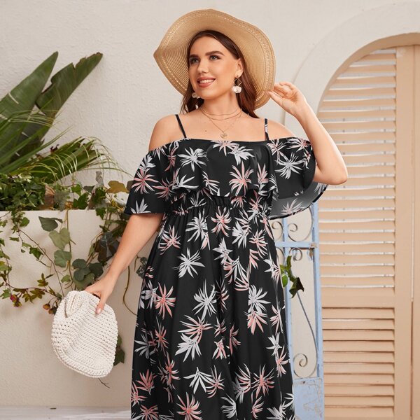 

Plus Tropical Print Cold Shoulder Dress, Black
