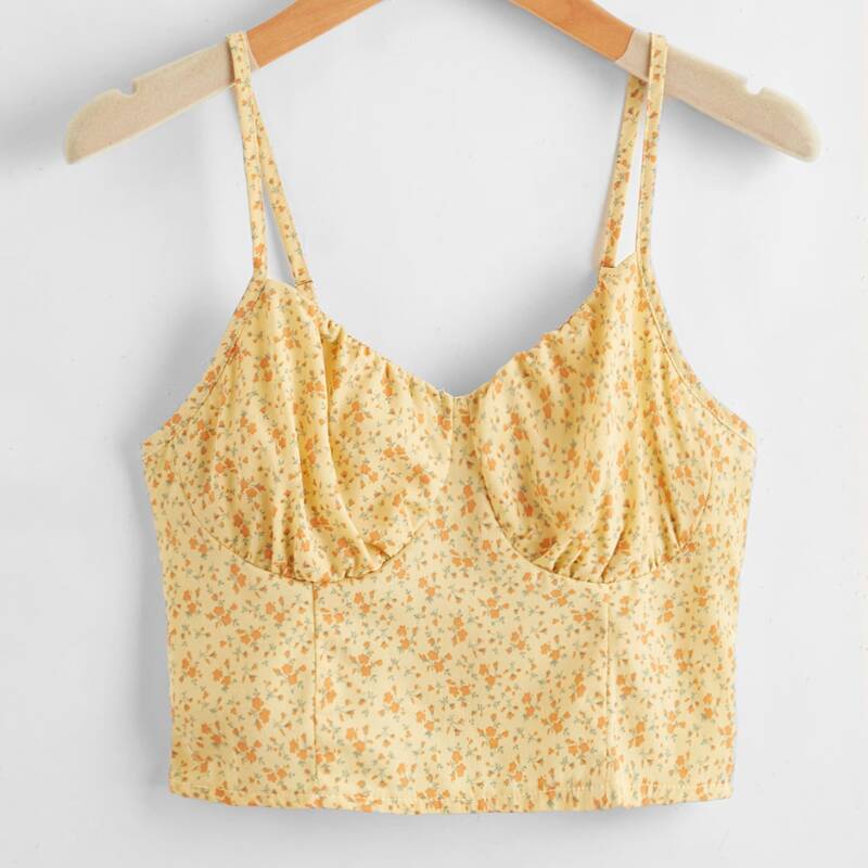 Ditsy Floral Shirred Crop Cami, Yellow