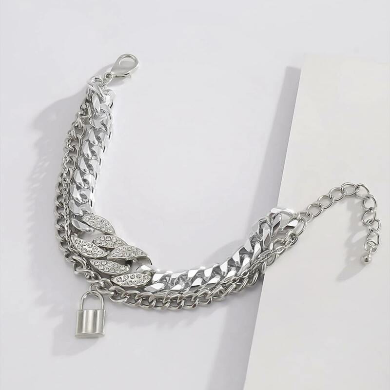 

Lock Rhinestone Layered Bracelet, Silver
