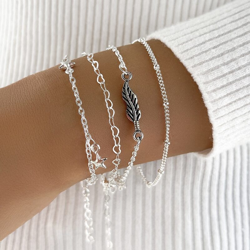 

4pcs Star & Leaf Bracelet, Silver