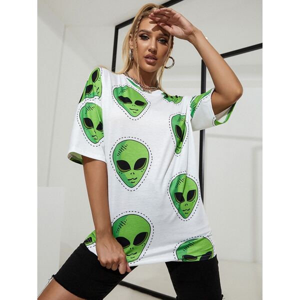 

Drop Shoulder Alien Print Longline Tee, Multicolor