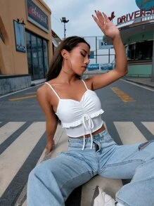 SHEIN Qutie Ruched Knot Front Ruffle Trim Cami Top - White - View 3