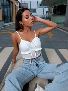 SHEIN Qutie Ruched Knot Front Ruffle Trim Cami Top - White - View 5