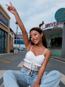 SHEIN Qutie Ruched Knot Front Ruffle Trim Cami Top - White - View 6