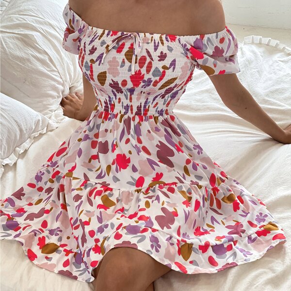 

All Over Print Tie Front Shirred Dress, Multicolor