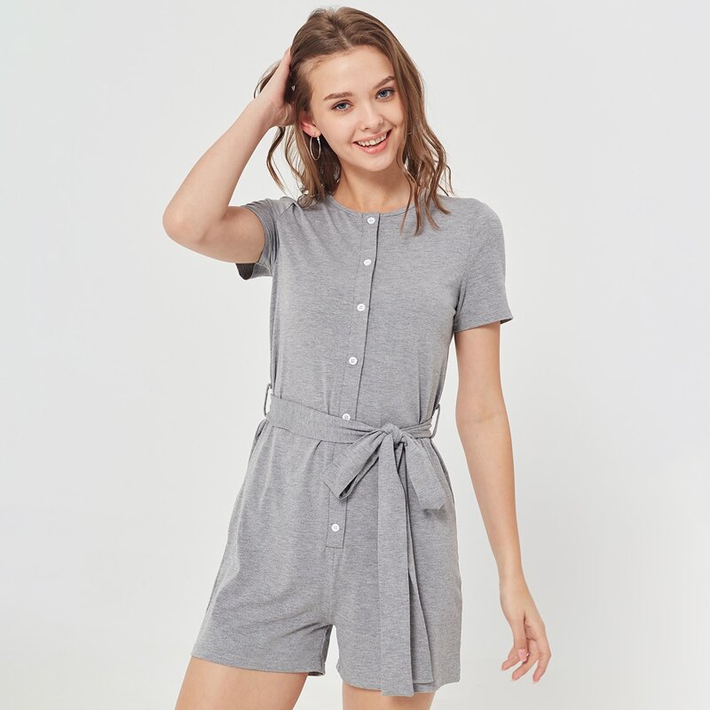 

Solid Button Front Belted Jumpsuit, Grey