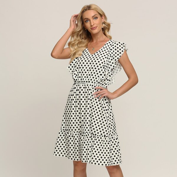 

Polka Dot Butterfly Sleeve Ruffle Hem Dress, Black and white