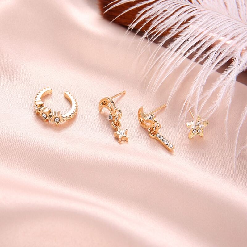 

4pcs Star & Moon Earrings, Gold