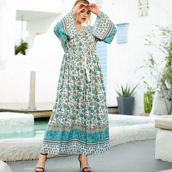

Plus Floral Print Flounce Sleeve Tassel Detail Dress, Multicolor
