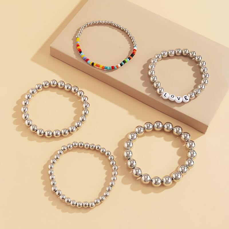 

5pcs Letter Beaded Bracelet, Silver