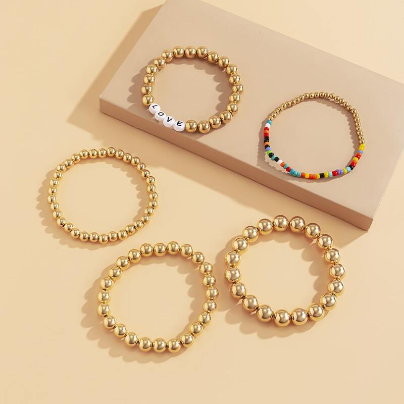 

5pcs Letter Beaded Bracelet, Gold