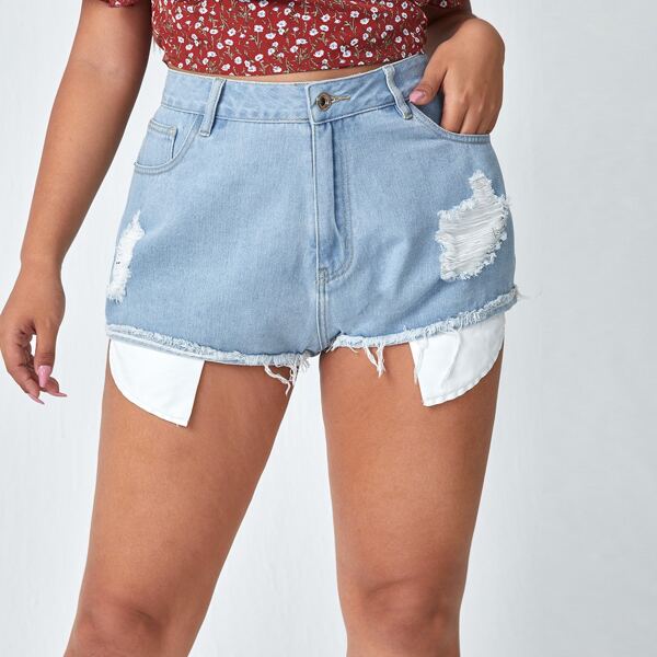 

Plus Ripped Raw Hem Denim Shorts, Light wash