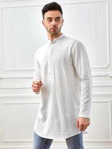 GENTILAND Men Cotton Button Half Placket Shirt - White - View 1