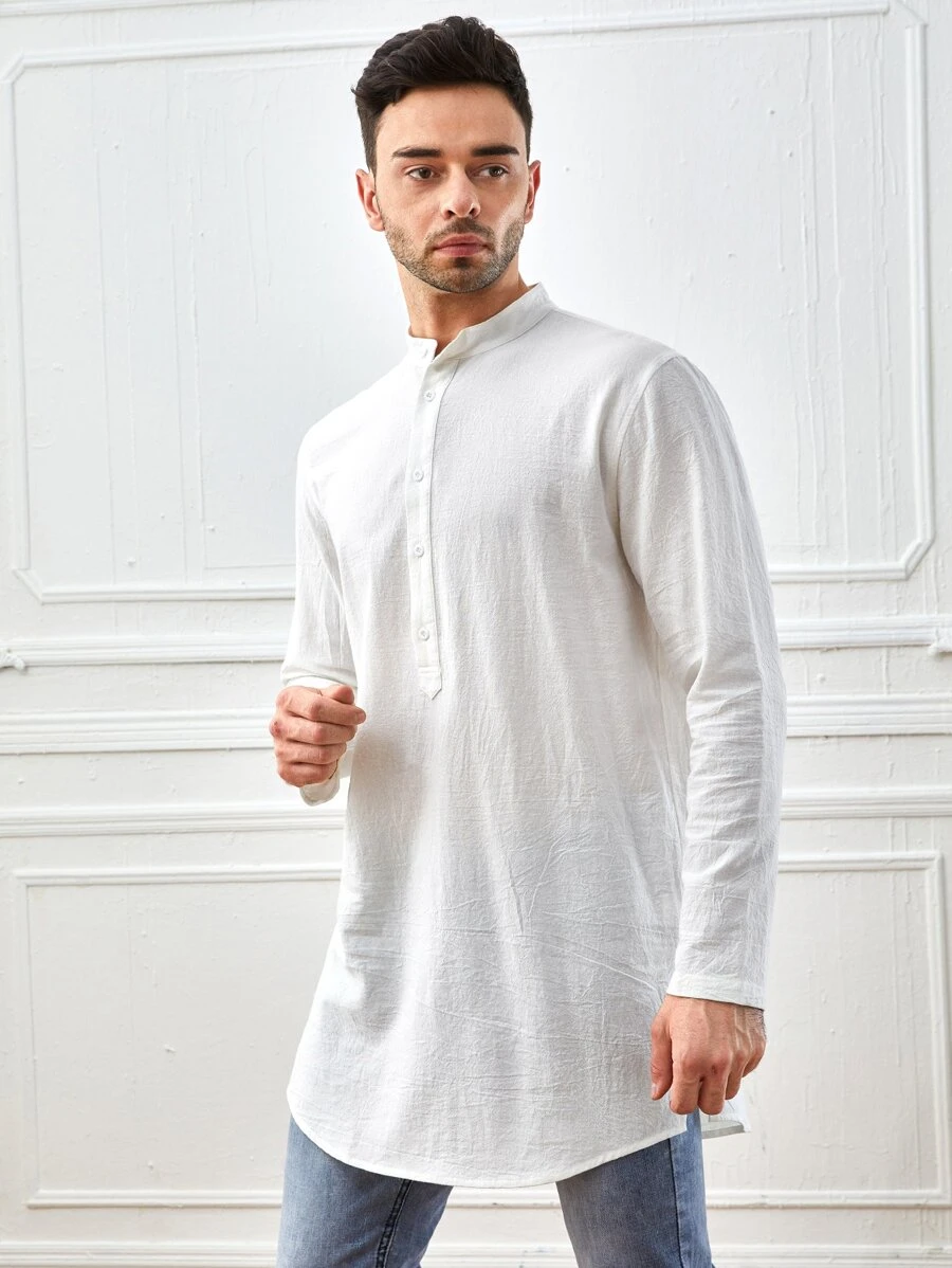 GENTILAND Men Cotton Button Half Placket Shirt - White - View 1