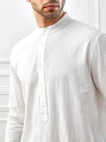 GENTILAND Men Cotton Button Half Placket Shirt - White - View 5