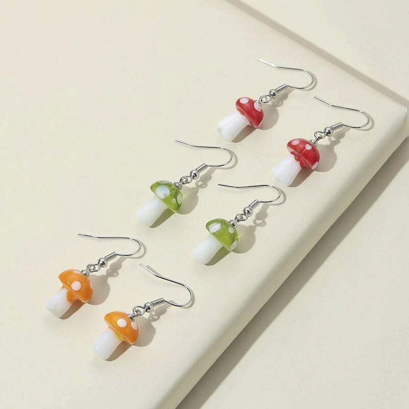 

3pairs Mushroom Drop Earrings, Multicolor