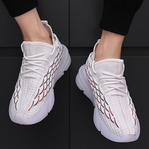 

Men Lace Up Decor Fish Scale Knit Sneakers, White