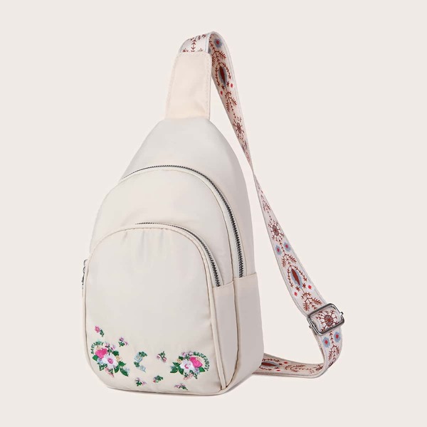 

Floral Embroidery Double Zip Sling Bag, Beige