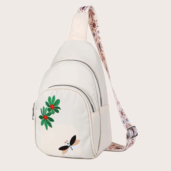

Floral Embroidery Double Zip Sling Bag, Beige