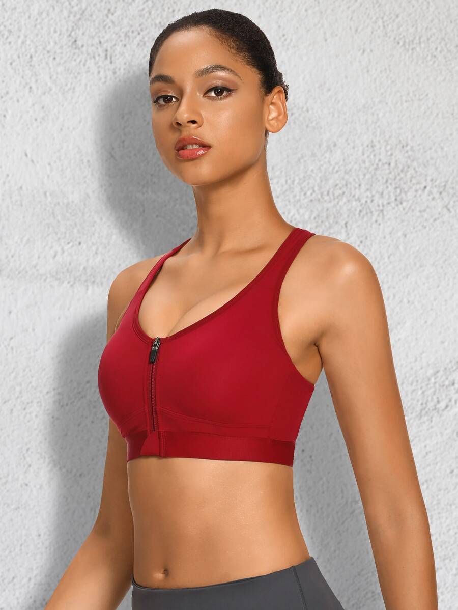 Wingslove Women Solid Color Zipper Sports Bra For Daily Workout - Burgundy - View 1