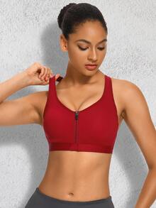 Wingslove Women Solid Color Zipper Sports Bra For Daily Workout - Burgundy - View 4