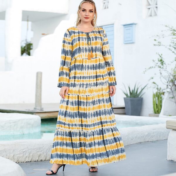 

Plus Tie Dye Tie Neck Maxi Smock Dress, Multicolor