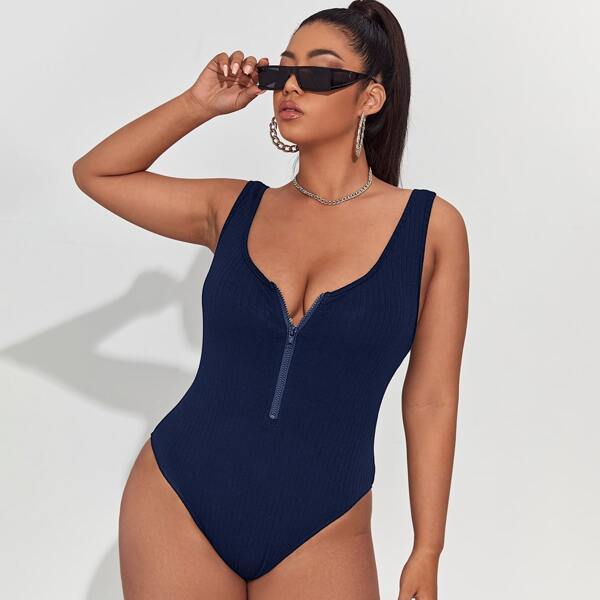 

Plus Zipper Front Rib-knit Tank Bodysuit, Navy blue