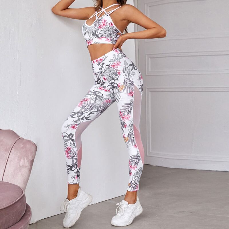 

Floral Print Contrast Mesh Sports Bra With Leggings, White