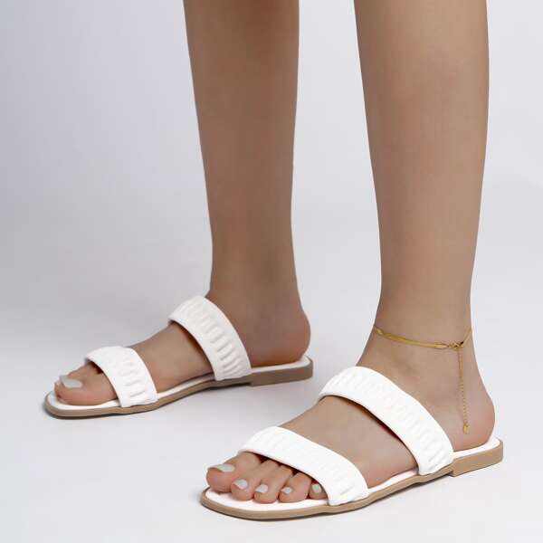 

Ruched Double Strap Slide Sandals, White