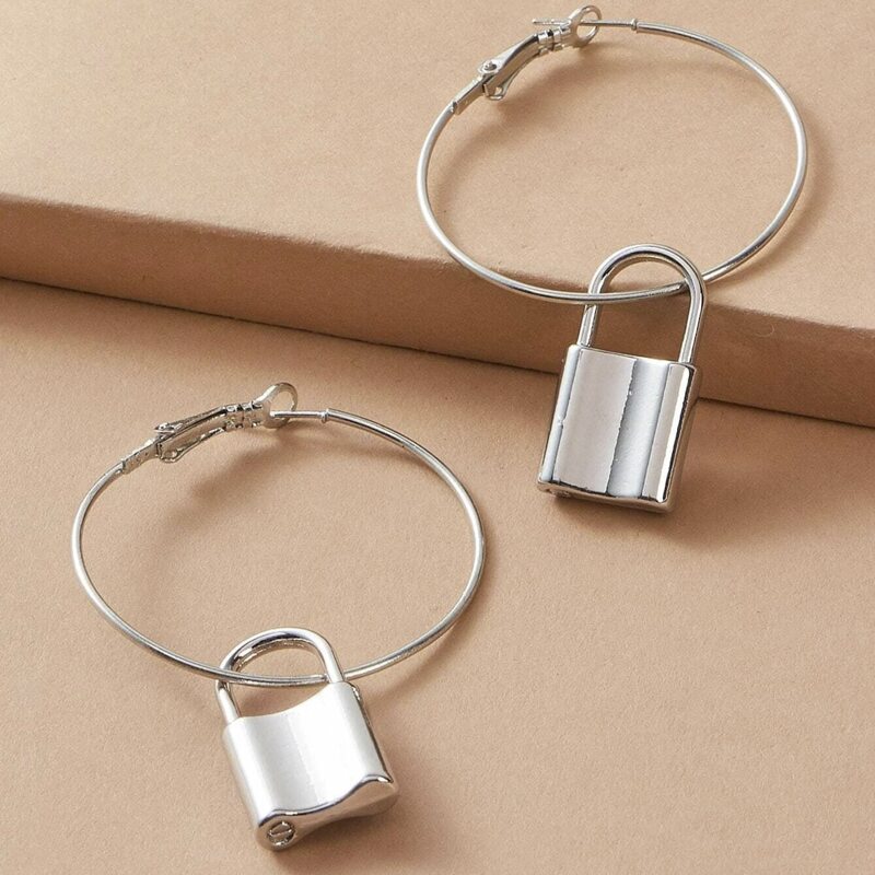 

Lock & Ring Hoop Earrings, Silver