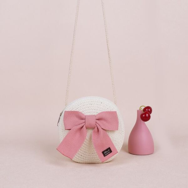 

Girls Bow Decor Straw Bag, White